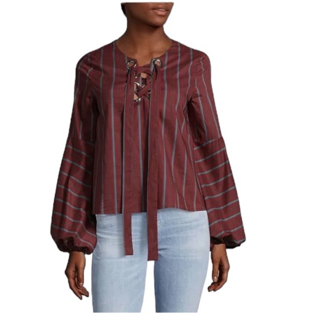 🔵 SALE 3/$25 J.O.A. STRIPED GROMMET TIE FRONT BISHOP PUFF SLEEVE BLOUSE S